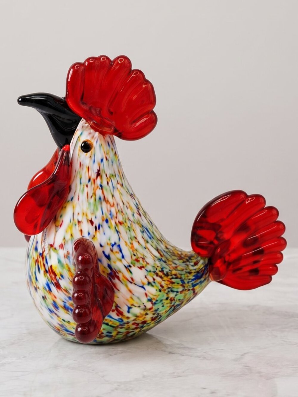 Murano Art Glass Rooster Sculpture MCM  – Multicolor Speckled Glass w/Red Accent